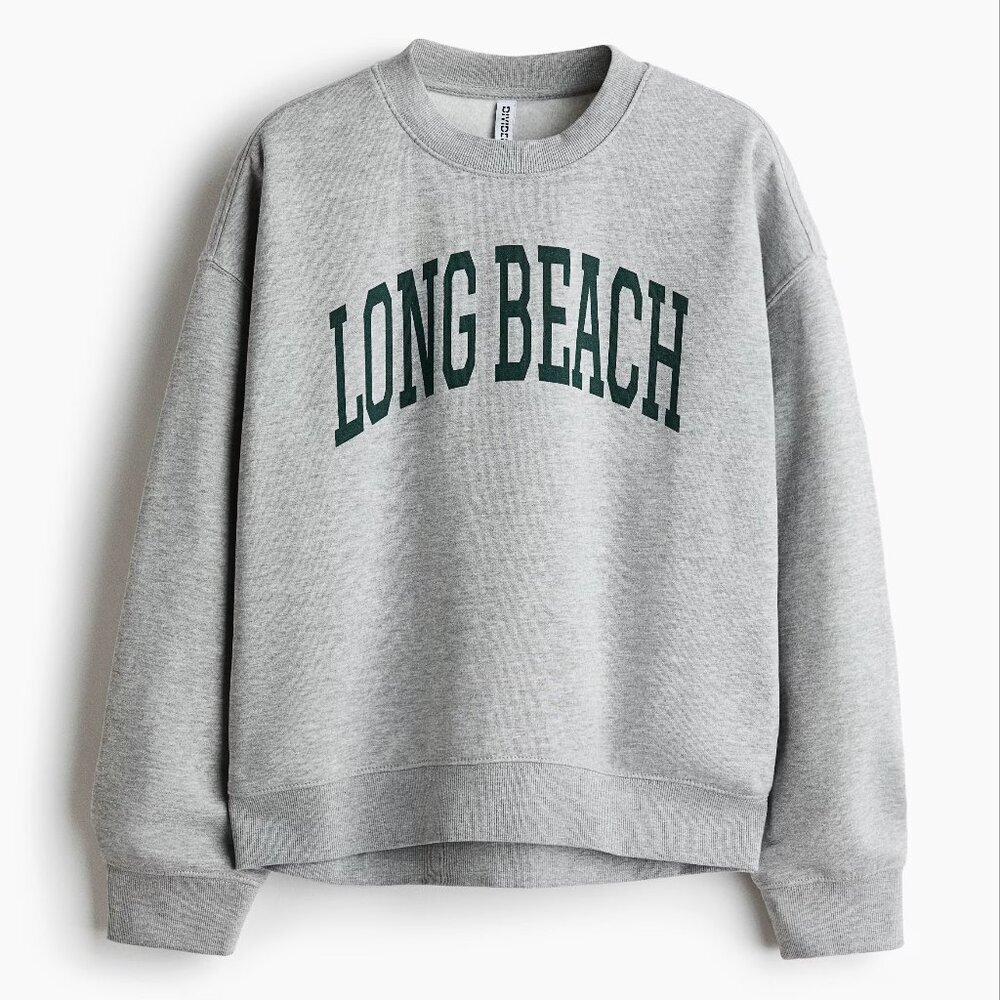 NEW H&M Sweatshirt with Printed Motif Long Beach Grey & Green Size Medium